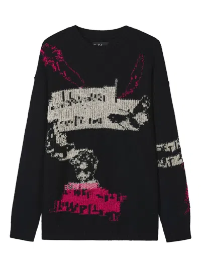 Y's Intarsia-pattern Wool Sweater In Black