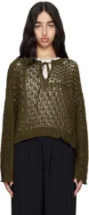 Y's Khaki Openwork Design Henry Wide Sleeve Sweater In 1 Green