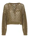 Y's Khaki Openwork Design Henry Wide Sleeve Sweater In Green