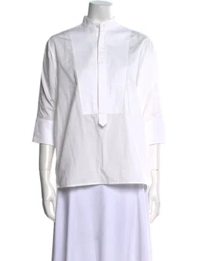 Pre-owned Y's Mock Neck Three-quarter Sleeve Button-up Top In White