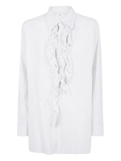 Y'S PINSTRIPED RUFFLE SHIRT