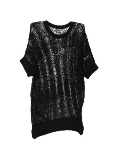 Y's Plaid Loose-knit Asymmetric Drape Top In Black