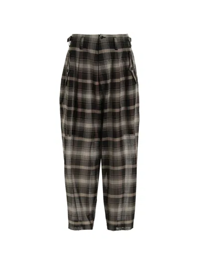 Y's Plaid-pattern Tucked Trousers In Black