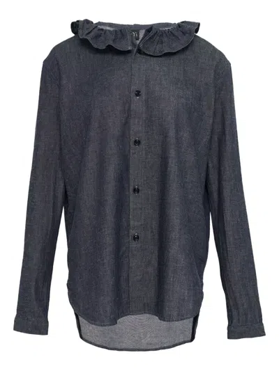 Y's Ruffled Denim Shirt In Blue