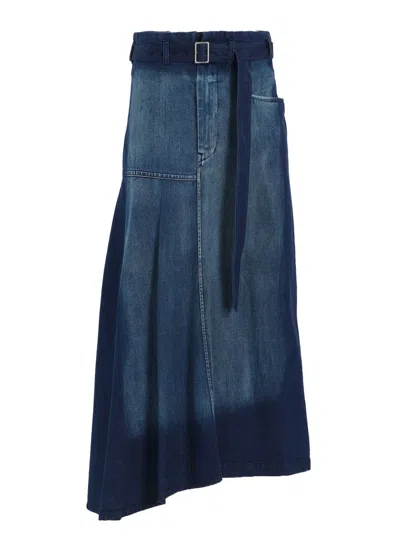Y's Spotted Denim Right Side Flare Skirt In Blue