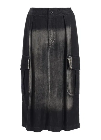 Y's Spotted Denim Side Pocket Straight Skirt In Black