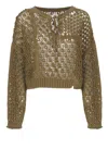 Y's Khaki Openwork Design Henry Wide Sleeve Sweater In Green