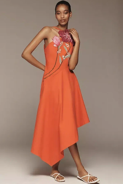 Yukiko Noritake X Anthropologie Asymmetrical Floral Midi Dress In Red