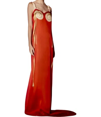 Yukio Long Silk Dress With Rock Straps In Red/gold