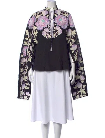Pre-owned Yuliya Magdych Floral Print Tie Neck Top In Multicolor