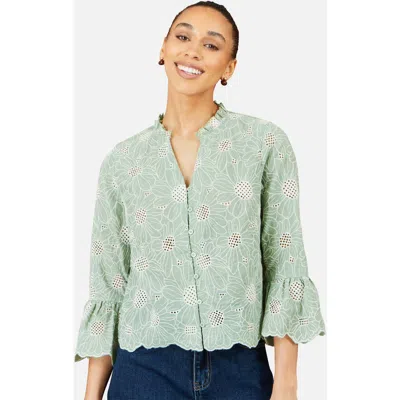 Yumi 100% Cotton 3/4 Sleeve Shirt In Green