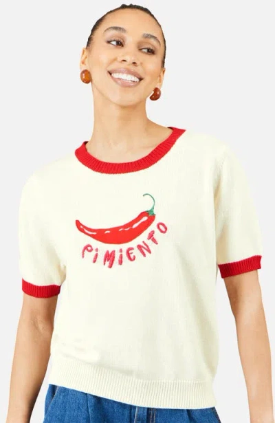 Yumi 100% Short Sleeve Cotton Knitted Top In Metallic
