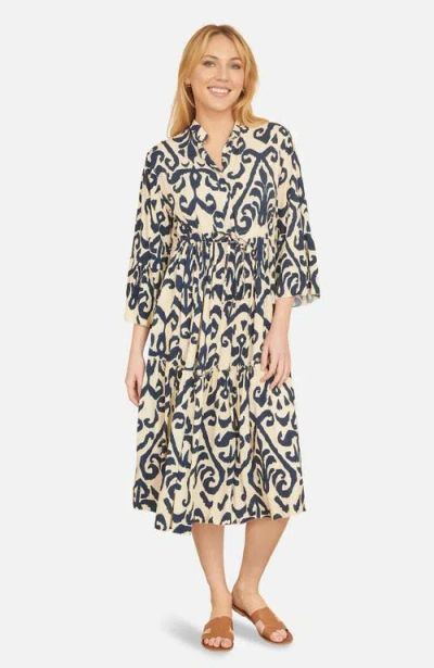 Yumi 3/4 Sleeve Block Print Kaftan Dress In Neutral