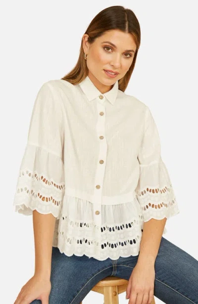 Yumi 34 Sleeve Relaxed Scallop Trim Shirt In White