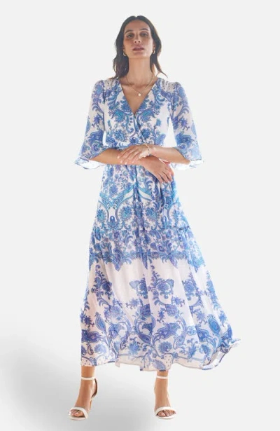 Yumi 3/4 Sleeves Paisley Wrap Midi Dress In Blue