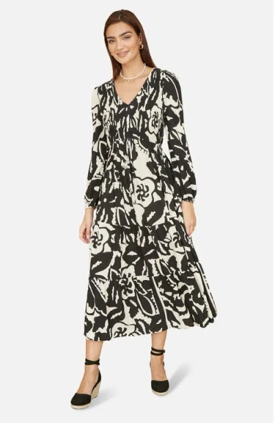 Yumi Abstract Print Ruched V-neck Midi Dress In Black