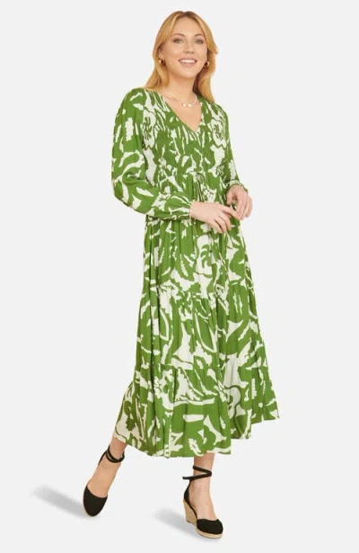 Yumi Abstract Print Ruched V-neck Midi Dress In Green