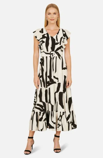 Yumi Abstract Print Viscose Midi Dress In White