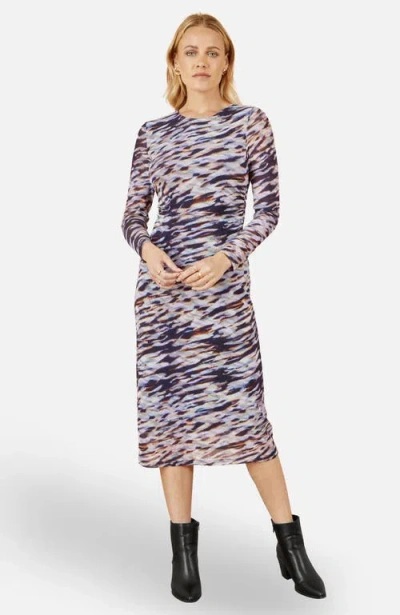 Yumi Abstract Stripe Ruched Midi Dress In Multi
