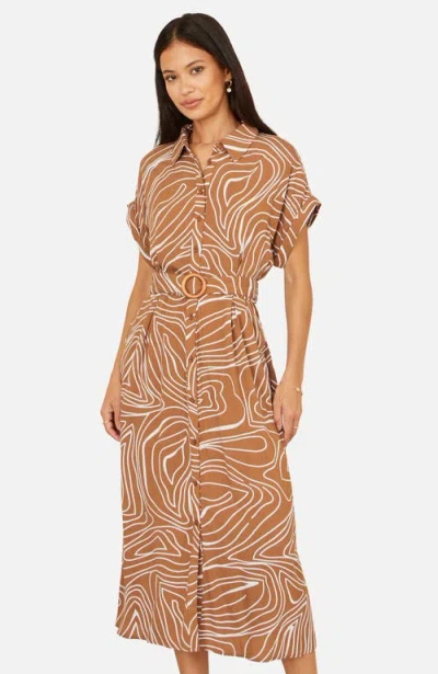 Yumi Abstract Swirl Print Relaxed Midi Dress In Brown