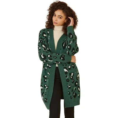 Yumi Animal Intarsia Knit Long Cardigan In Green