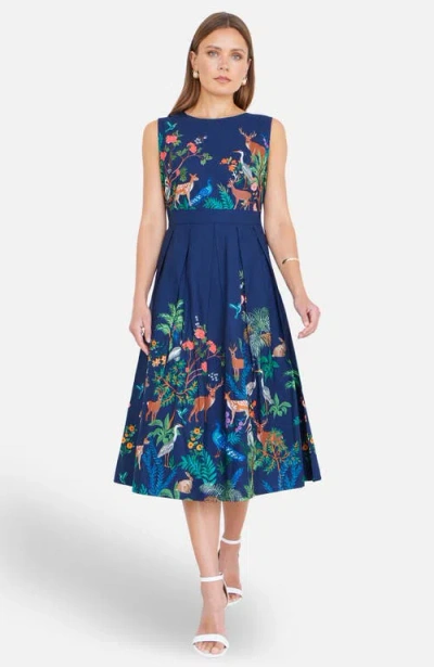 Yumi Animal Print Cotton Midi Skater Dress In Blue