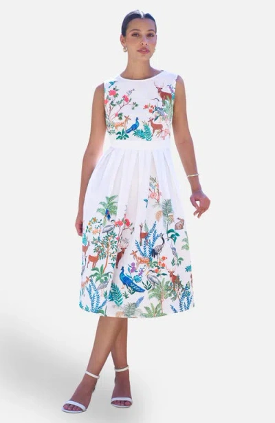 Yumi Animal Print Cotton Midi Skater Dress In White
