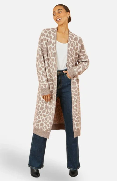 Yumi Animal Print Intarsia Long Cardigan In Nude