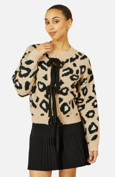 Yumi Animal Print Intarsia Tie Front Cardigan In Neutral