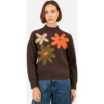 Yumi Applique Flowers High Neck Jumper In Brown
