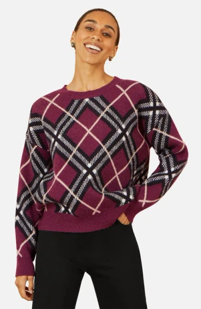 Yumi Argyle Check Relaxed Sweater In Burgundy