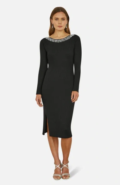 Yumi Bedazzled Neck Fitted Midi Knitted Dress In Black