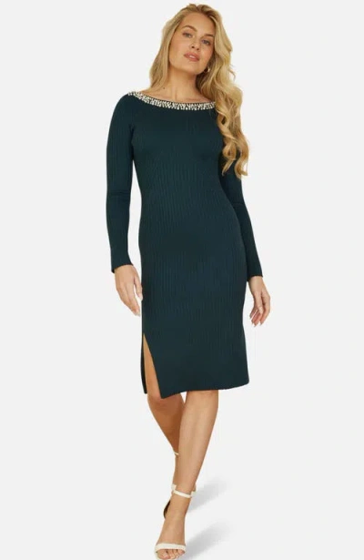 Yumi Bedazzled Neck Fitted Midi Knitted Dress In Green