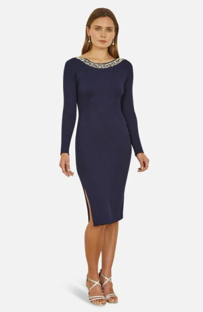 Yumi Bedazzled Neck Fitted Midi Knitted Dress In Navy
