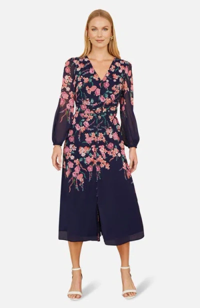 Yumi Belted Floral Midi Dress In Multi