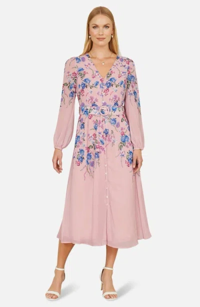 Yumi Belted Floral Midi Dress In Pink