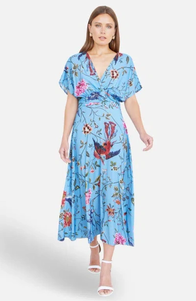 Yumi Bird And Floral Print Midi Dress In Blue