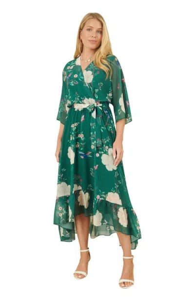 Yumi Bird And Floral Print Midi Wrap Dress In Green