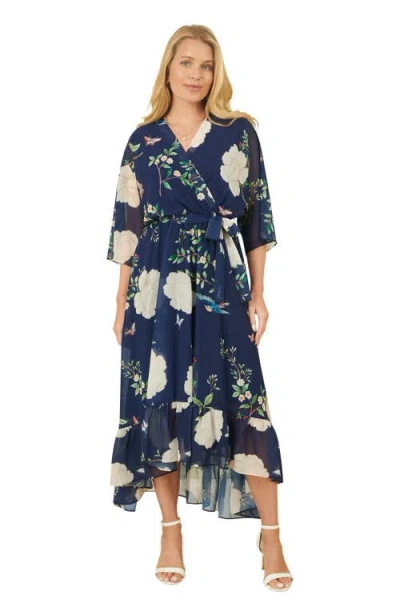 Yumi Bird And Floral Print Midi Wrap Dress In Multi