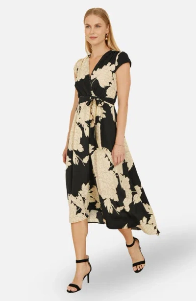 Yumi Blossom Print Dipped Hem Wrap Midi Dress In Black