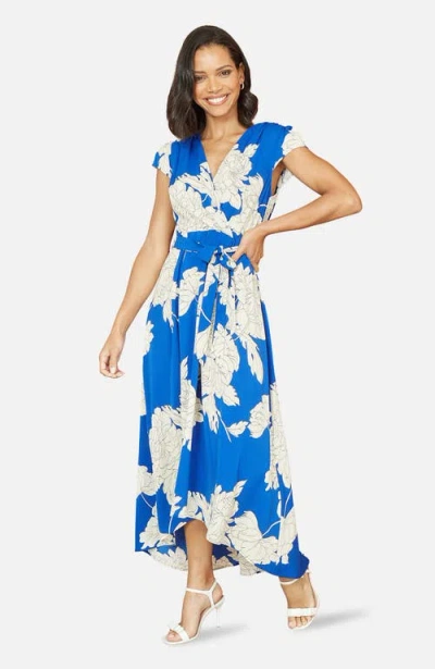 Yumi Blossom Print Dipped Hem Wrap Midi Dress In Blue