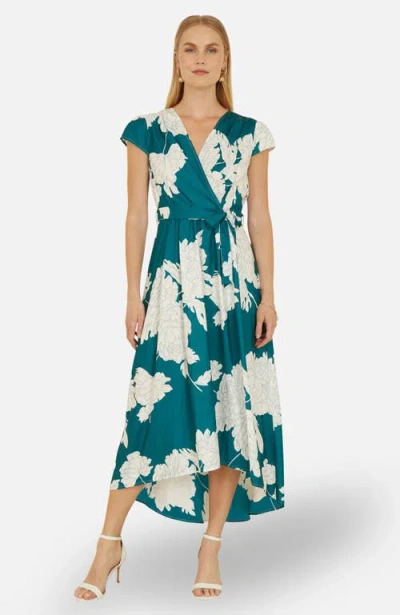 Yumi Blossom Print Dipped Hem Wrap Midi Dress In Green
