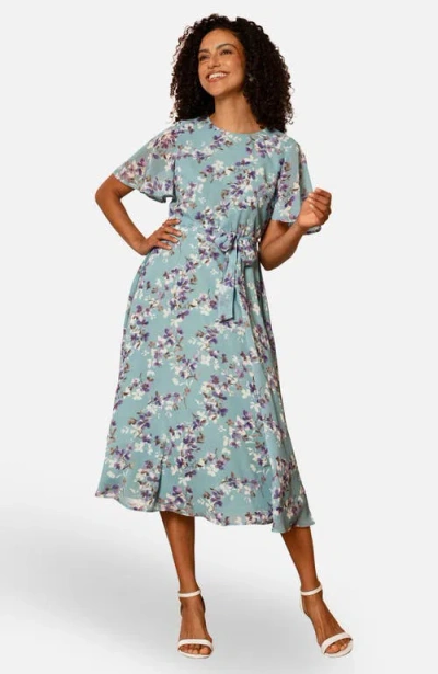 Yumi Blossom Print Midi Skater Dress In Blue