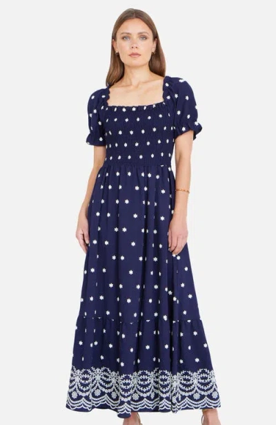 Yumi Border Hemline Smocked Maxi Dress In Blue
