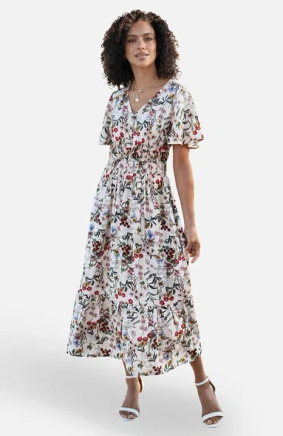 Yumi Botanical Print Midi Dress In White
