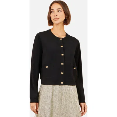 Yumi Bow Button Cardigan In Black