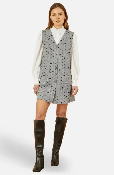 Yumi Bow Print Button Up Pinafore Dress In Gray