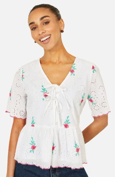 Yumi Broderie Anglaise Embroidered Tie Top In White