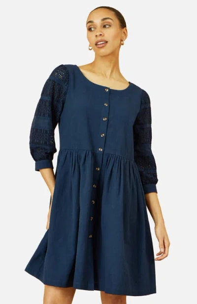 Yumi Broderie Anglaise Puff Sleeve Dress In Blue