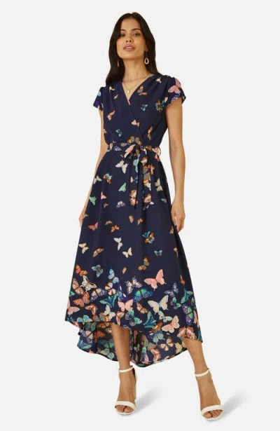 Yumi Butterfly Print Dip Hem Midi Wrap Dress In Blue